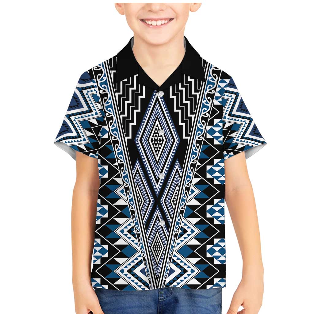 Blue Aotearoa Tukutuku and Poutama Motif Family Matching Mermaid Dress and Hawaiian Shirt LT03 Son's Shirt Blue - Polynesian Pride