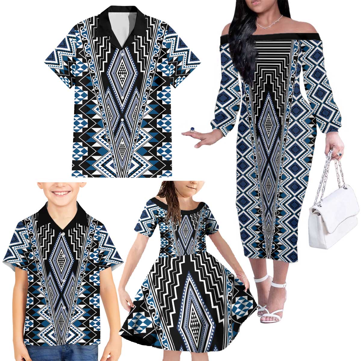 Blue Aotearoa Tukutuku and Poutama Motif Family Matching Off The Shoulder Long Sleeve Dress and Hawaiian Shirt LT03 - Polynesian Pride