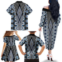 Blue Aotearoa Tukutuku and Poutama Motif Family Matching Off The Shoulder Long Sleeve Dress and Hawaiian Shirt LT03 - Polynesian Pride