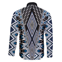 Blue Aotearoa Tukutuku and Poutama Motif Family Matching Off The Shoulder Long Sleeve Dress and Hawaiian Shirt LT03 - Polynesian Pride