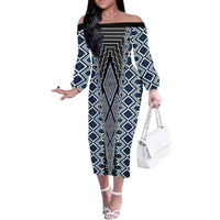 Blue Aotearoa Tukutuku and Poutama Motif Family Matching Off The Shoulder Long Sleeve Dress and Hawaiian Shirt LT03 Mom's Dress Blue - Polynesian Pride