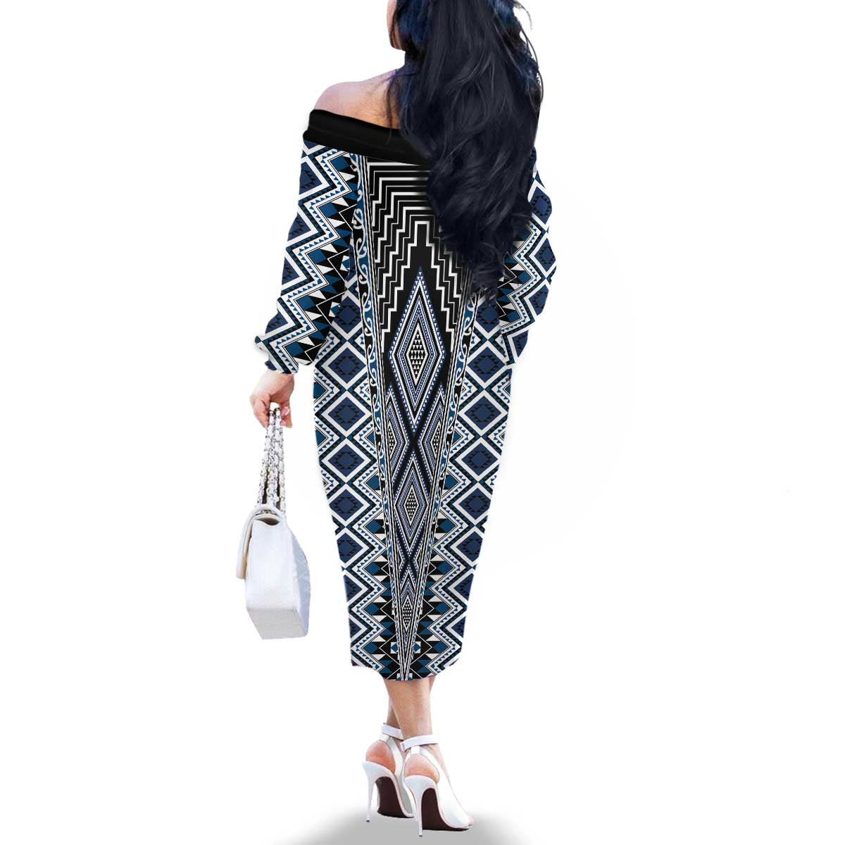 Blue Aotearoa Tukutuku and Poutama Motif Family Matching Off The Shoulder Long Sleeve Dress and Hawaiian Shirt LT03 - Polynesian Pride