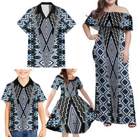 Blue Aotearoa Tukutuku and Poutama Motif Family Matching Off Shoulder Maxi Dress and Hawaiian Shirt LT03 - Polynesian Pride