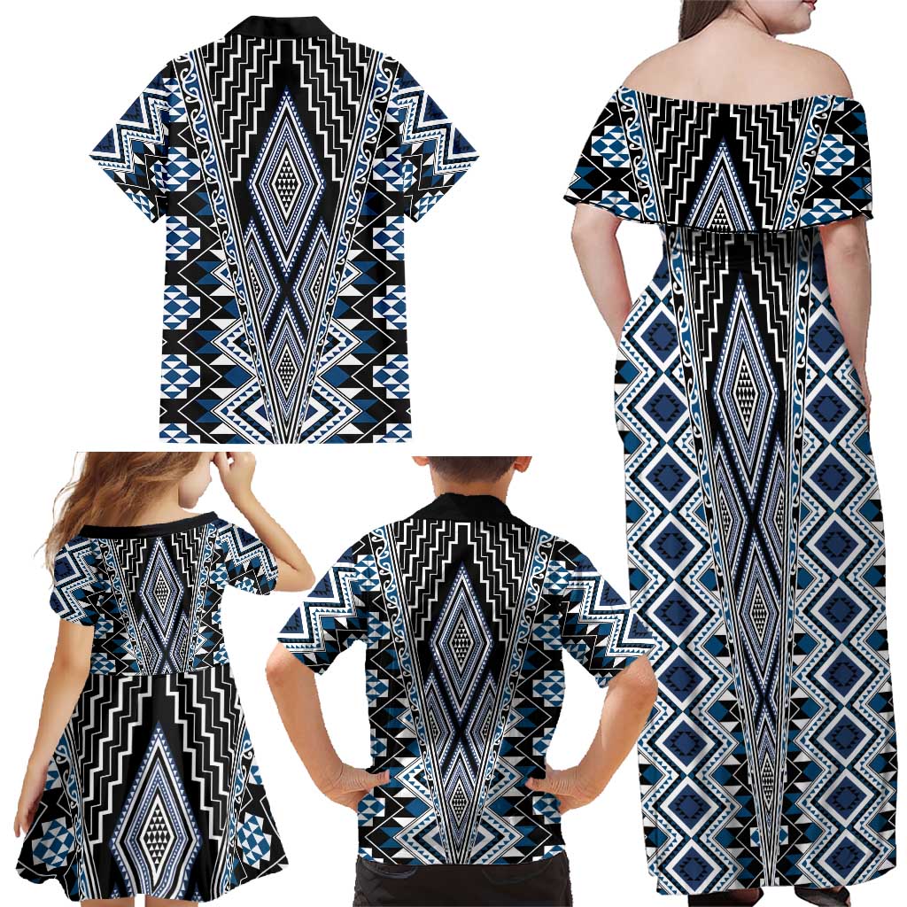 Blue Aotearoa Tukutuku and Poutama Motif Family Matching Off Shoulder Maxi Dress and Hawaiian Shirt LT03 - Polynesian Pride