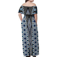 Blue Aotearoa Tukutuku and Poutama Motif Family Matching Off Shoulder Maxi Dress and Hawaiian Shirt LT03 - Polynesian Pride