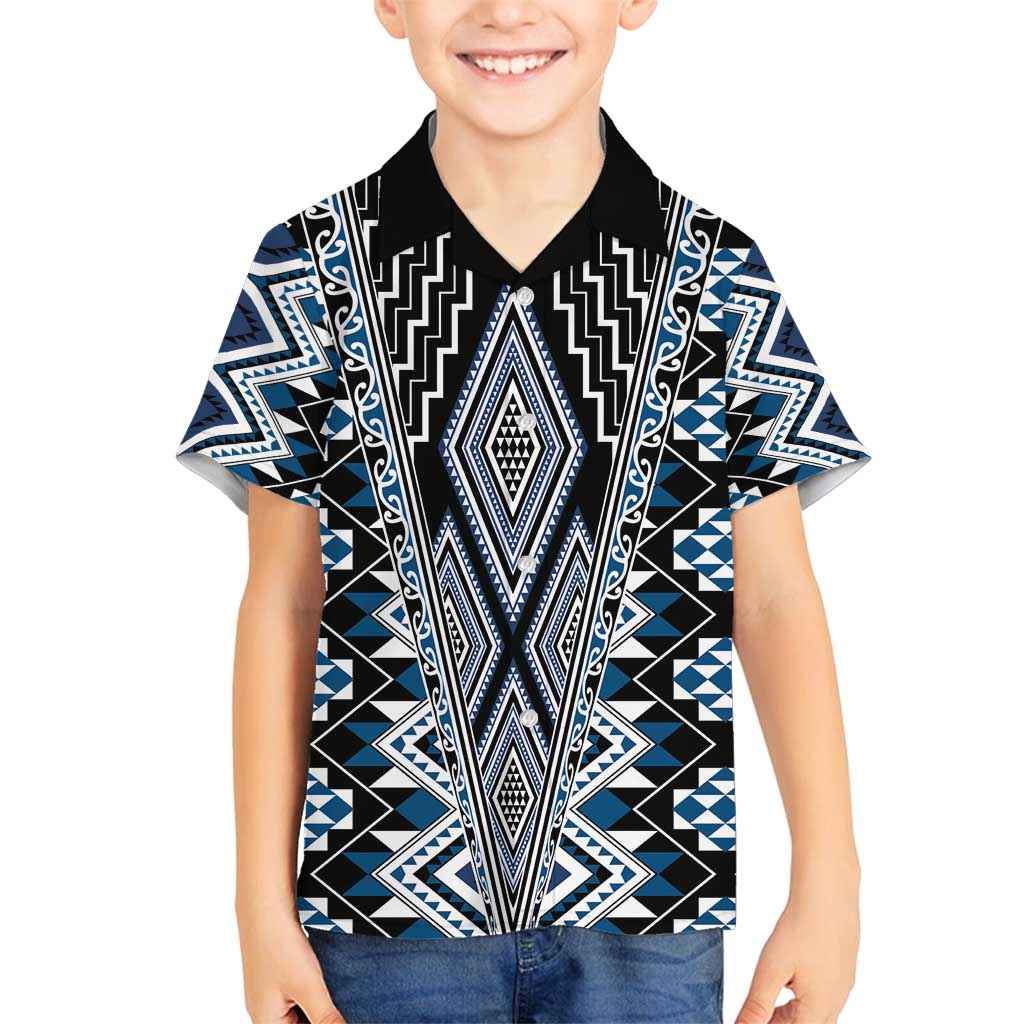 Blue Aotearoa Tukutuku and Poutama Motif Family Matching Off Shoulder Maxi Dress and Hawaiian Shirt LT03 Son's Shirt Blue - Polynesian Pride