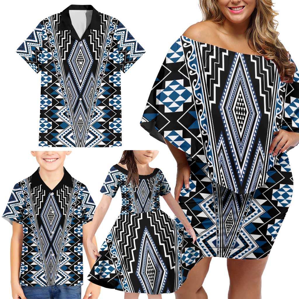 Blue Aotearoa Tukutuku and Poutama Motif Family Matching Off Shoulder Short Dress and Hawaiian Shirt LT03 - Polynesian Pride
