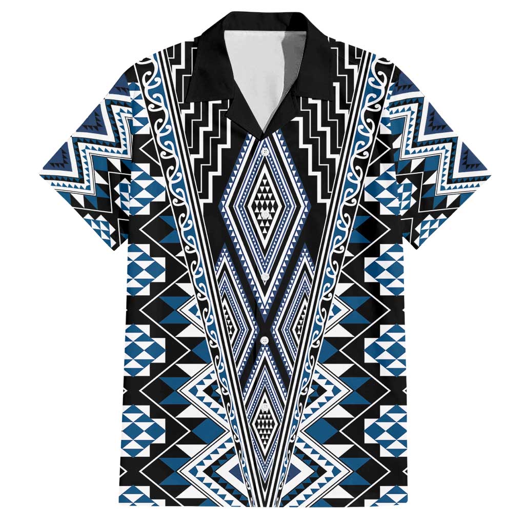 Blue Aotearoa Tukutuku and Poutama Motif Family Matching Off Shoulder Short Dress and Hawaiian Shirt LT03 Dad's Shirt - Short Sleeve Blue - Polynesian Pride