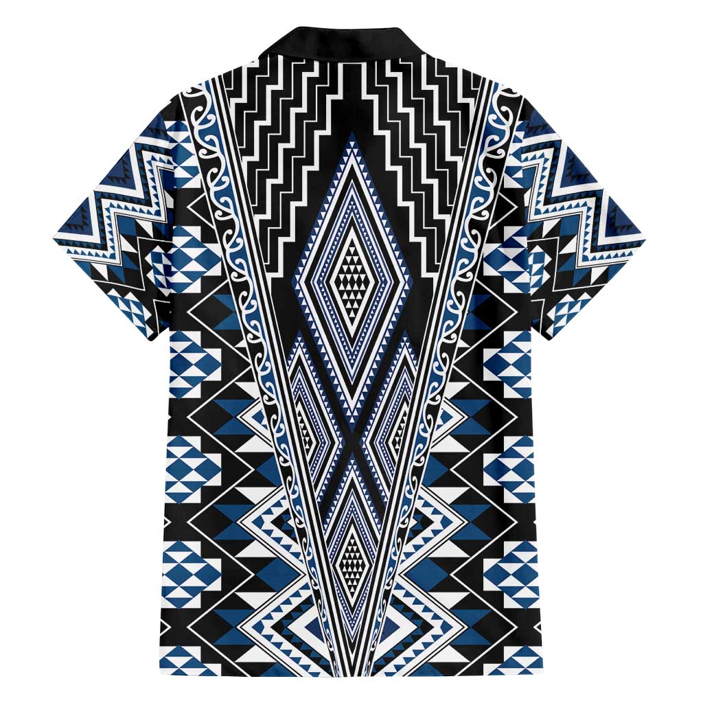 Blue Aotearoa Tukutuku and Poutama Motif Family Matching Off Shoulder Short Dress and Hawaiian Shirt LT03 - Polynesian Pride