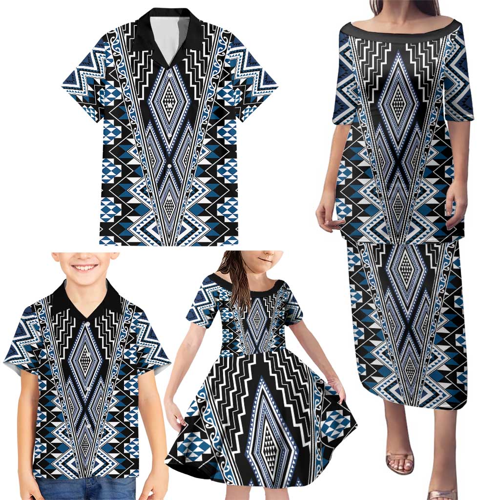 Blue Aotearoa Tukutuku and Poutama Motif Family Matching Puletasi and Hawaiian Shirt LT03 - Polynesian Pride