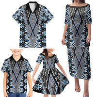 Blue Aotearoa Tukutuku and Poutama Motif Family Matching Puletasi and Hawaiian Shirt LT03 - Polynesian Pride