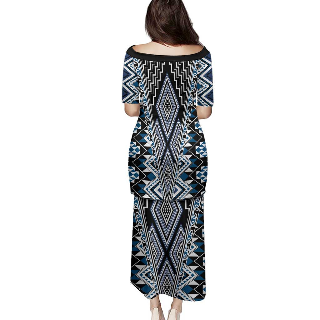 Blue Aotearoa Tukutuku and Poutama Motif Family Matching Puletasi and Hawaiian Shirt LT03 - Polynesian Pride