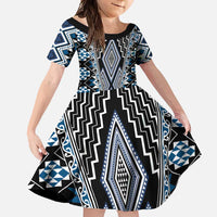 Blue Aotearoa Tukutuku and Poutama Motif Family Matching Short Sleeve Bodycon Dress and Hawaiian Shirt LT03 Daughter's Dress Blue - Polynesian Pride