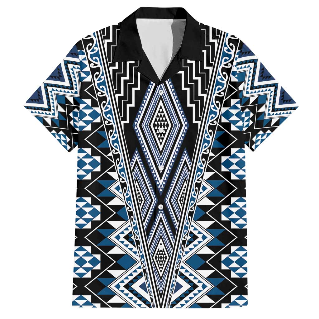 Blue Aotearoa Tukutuku and Poutama Motif Family Matching Short Sleeve Bodycon Dress and Hawaiian Shirt LT03 Dad's Shirt - Short Sleeve Blue - Polynesian Pride