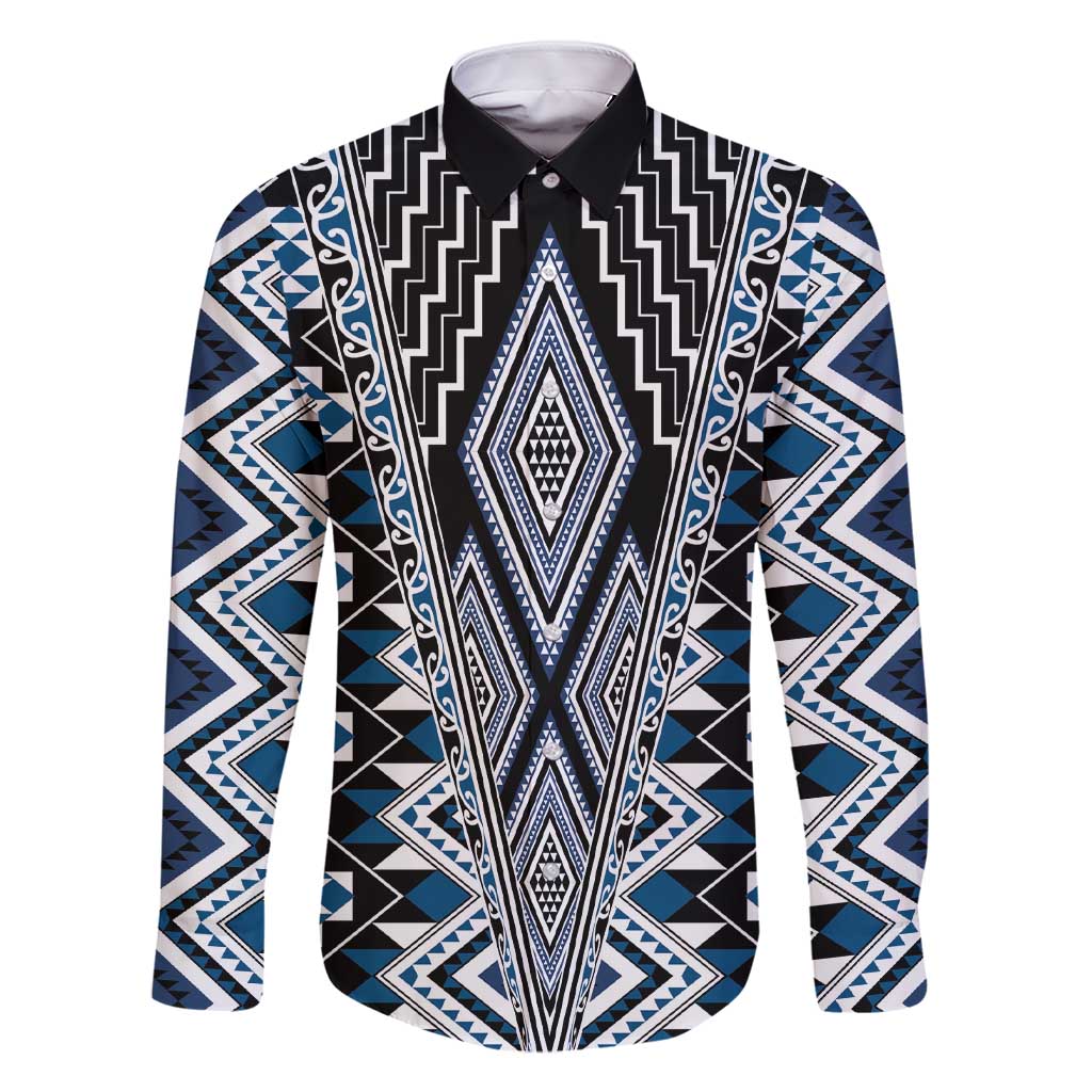 Blue Aotearoa Tukutuku and Poutama Motif Family Matching Short Sleeve Bodycon Dress and Hawaiian Shirt LT03 Dad's Shirt - Long Sleeve Blue - Polynesian Pride