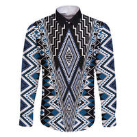 Blue Aotearoa Tukutuku and Poutama Motif Family Matching Short Sleeve Bodycon Dress and Hawaiian Shirt LT03 Dad's Shirt - Long Sleeve Blue - Polynesian Pride