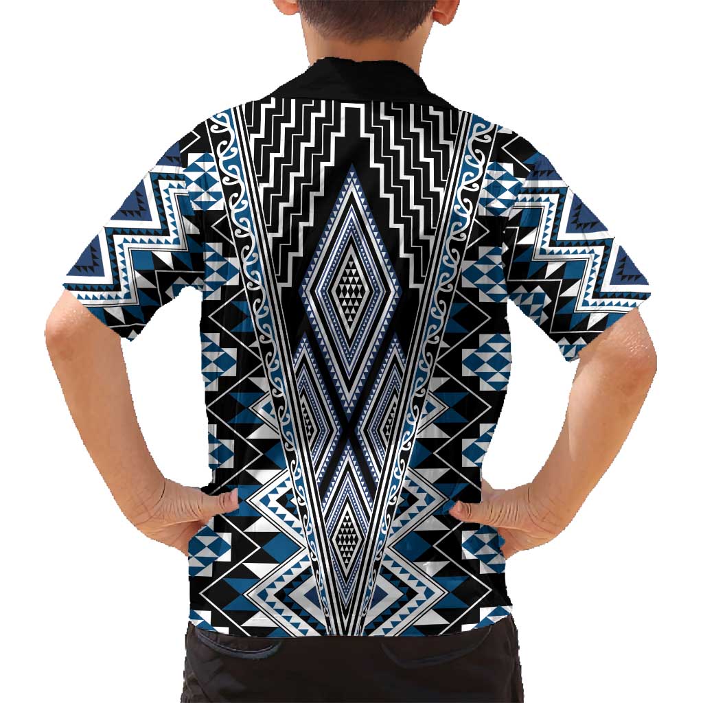 Blue Aotearoa Tukutuku and Poutama Motif Family Matching Summer Maxi Dress and Hawaiian Shirt LT03 - Polynesian Pride