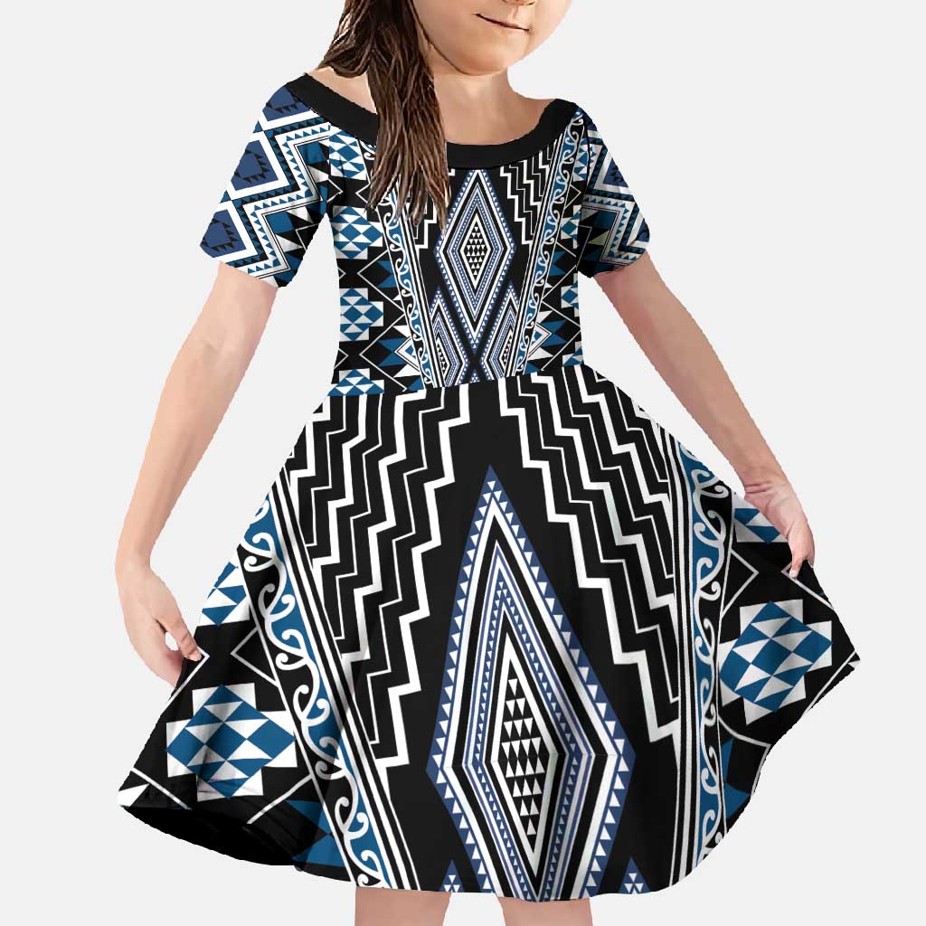 Blue Aotearoa Tukutuku and Poutama Motif Family Matching Summer Maxi Dress and Hawaiian Shirt LT03 Daughter's Dress Blue - Polynesian Pride