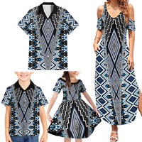 Blue Aotearoa Tukutuku and Poutama Motif Family Matching Summer Maxi Dress and Hawaiian Shirt LT03 - Polynesian Pride