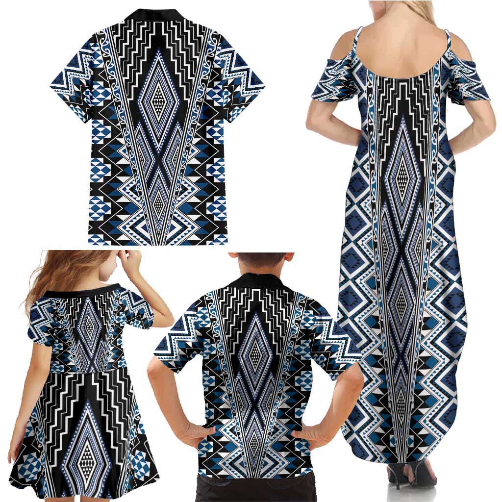 Blue Aotearoa Tukutuku and Poutama Motif Family Matching Summer Maxi Dress and Hawaiian Shirt LT03 - Polynesian Pride