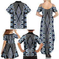 Blue Aotearoa Tukutuku and Poutama Motif Family Matching Summer Maxi Dress and Hawaiian Shirt LT03 - Polynesian Pride