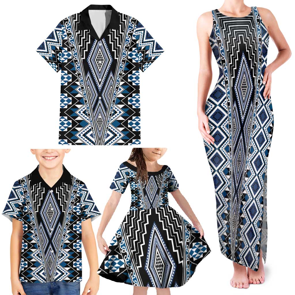 Blue Aotearoa Tukutuku and Poutama Motif Family Matching Tank Maxi Dress and Hawaiian Shirt LT03 - Polynesian Pride