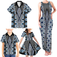 Blue Aotearoa Tukutuku and Poutama Motif Family Matching Tank Maxi Dress and Hawaiian Shirt LT03 - Polynesian Pride