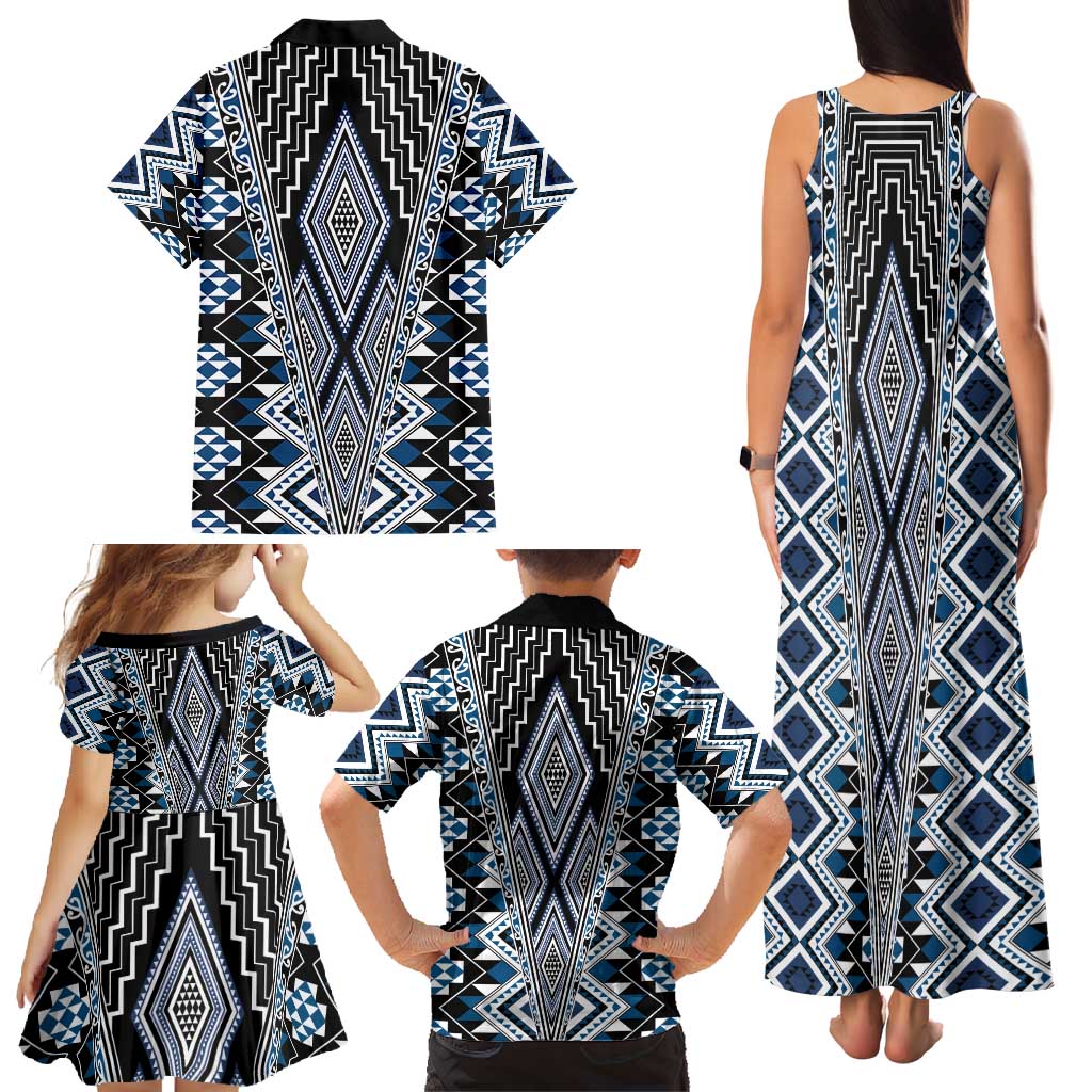 Blue Aotearoa Tukutuku and Poutama Motif Family Matching Tank Maxi Dress and Hawaiian Shirt LT03 - Polynesian Pride
