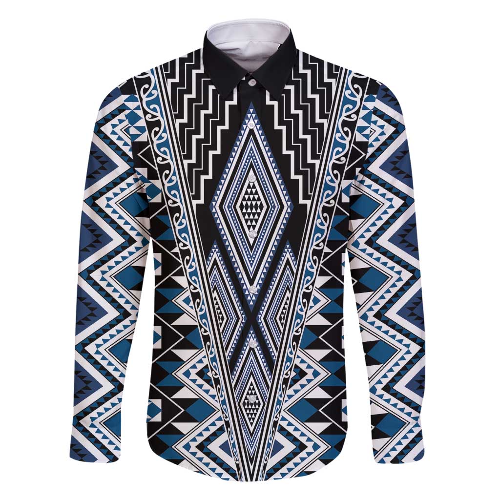 Blue Aotearoa Tukutuku and Poutama Motif Family Matching Tank Maxi Dress and Hawaiian Shirt LT03 Dad's Shirt - Long Sleeve Blue - Polynesian Pride