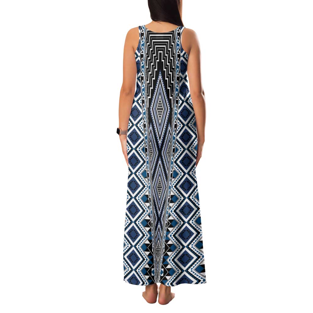 Blue Aotearoa Tukutuku and Poutama Motif Family Matching Tank Maxi Dress and Hawaiian Shirt LT03 - Polynesian Pride