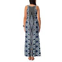 Blue Aotearoa Tukutuku and Poutama Motif Family Matching Tank Maxi Dress and Hawaiian Shirt LT03 - Polynesian Pride