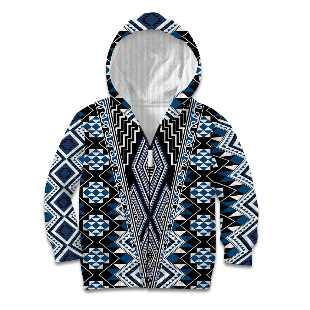 Blue Aotearoa Tukutuku and Poutama Motif Kid Hoodie LT03 Zip Hoodie Blue - Polynesian Pride