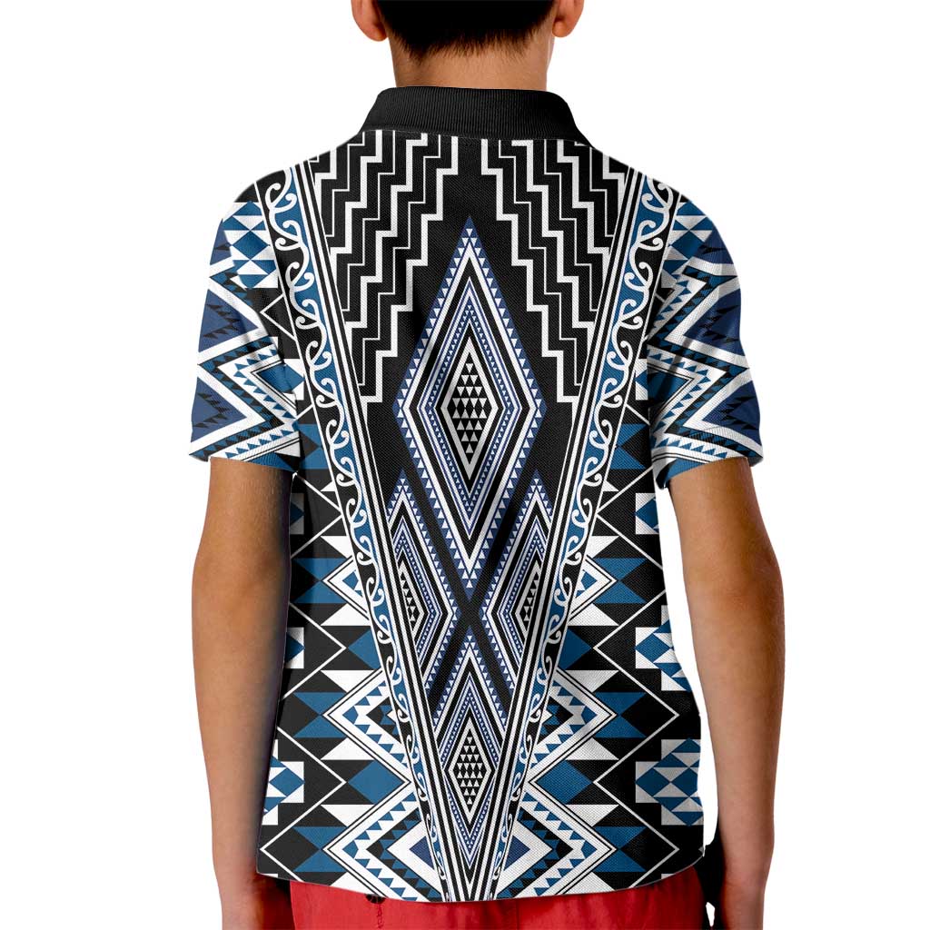 Blue Aotearoa Tukutuku and Poutama Motif Kid Polo Shirt