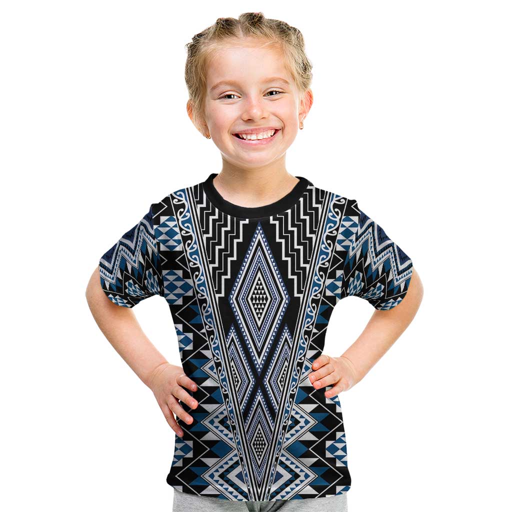 Blue Aotearoa Tukutuku and Poutama Motif Kid T Shirt