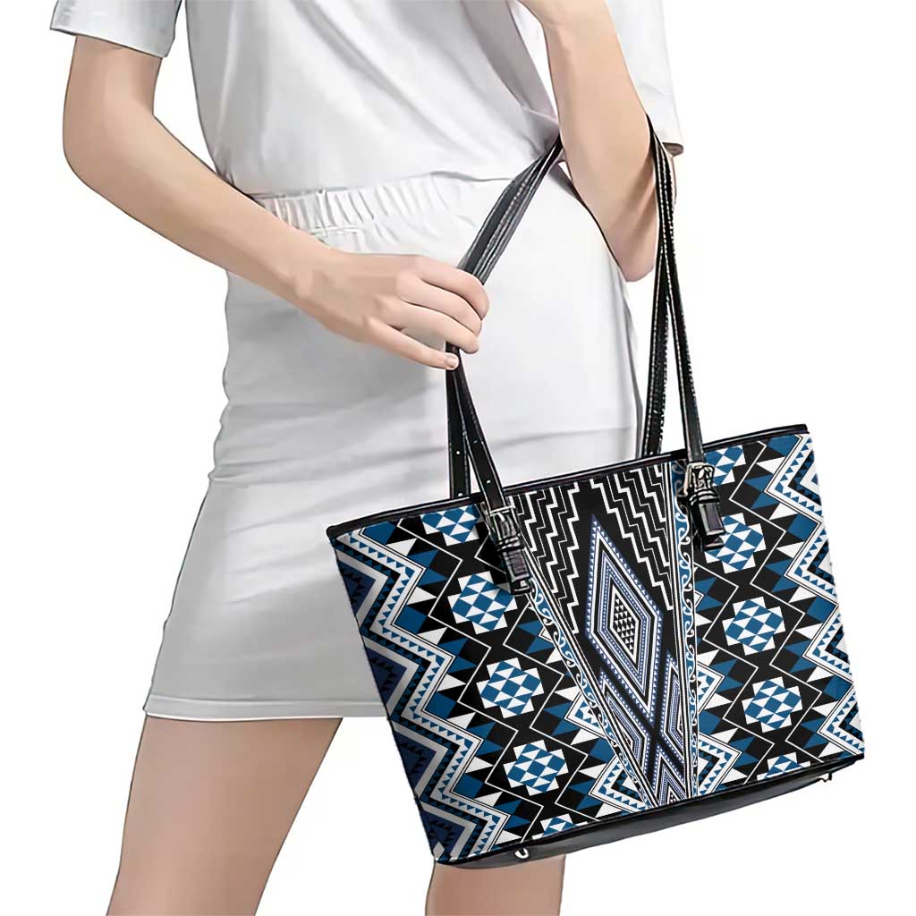 Blue Aotearoa Tukutuku and Poutama Motif Leather Tote Bag