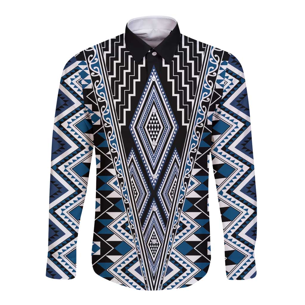 Blue Aotearoa Tukutuku and Poutama Motif Long Sleeve Button Shirt