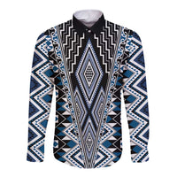 Blue Aotearoa Tukutuku and Poutama Motif Long Sleeve Button Shirt