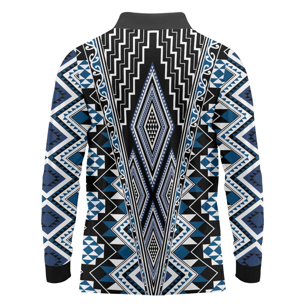 Blue Aotearoa Tukutuku and Poutama Motif Long Sleeve Polo Shirt