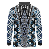 Blue Aotearoa Tukutuku and Poutama Motif Long Sleeve Polo Shirt