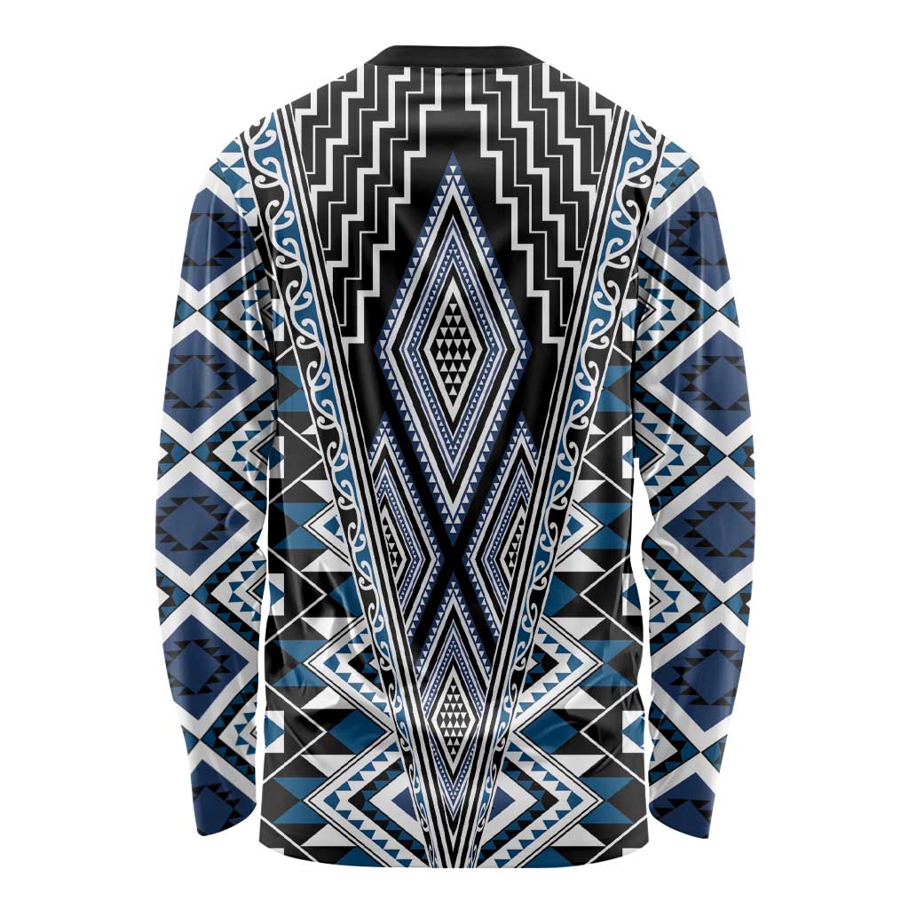 Blue Aotearoa Tukutuku and Poutama Motif Long Sleeve Shirt