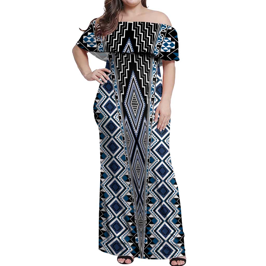 Blue Aotearoa Tukutuku and Poutama Motif Off Shoulder Maxi Dress
