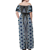 Blue Aotearoa Tukutuku and Poutama Motif Off Shoulder Maxi Dress