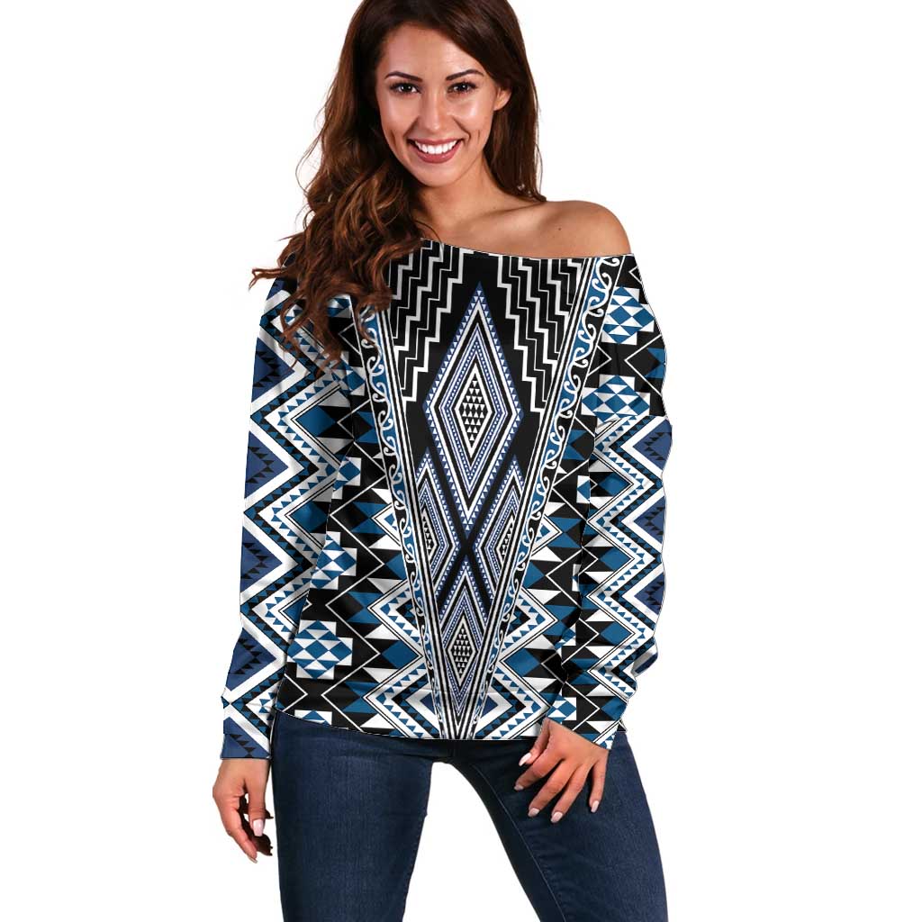 Blue Aotearoa Tukutuku and Poutama Motif Off Shoulder Sweater LT03 Women Blue - Polynesian Pride