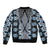Blue Aotearoa Tukutuku and Poutama Motif Sleeve Zip Bomber Jacket