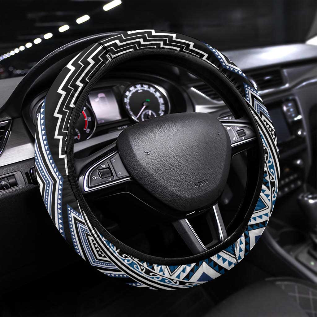 Blue Aotearoa Tukutuku and Poutama Motif Steering Wheel Cover LT03 Universal Fit Blue - Polynesian Pride