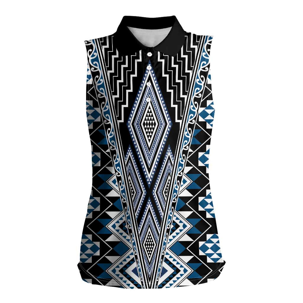 Blue Aotearoa Tukutuku and Poutama Motif Women Sleeveless Polo Shirt