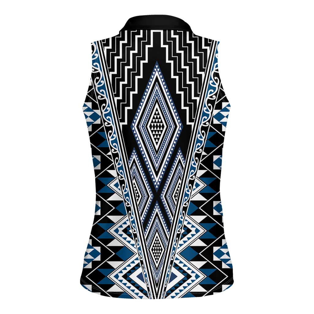 Blue Aotearoa Tukutuku and Poutama Motif Women Sleeveless Polo Shirt