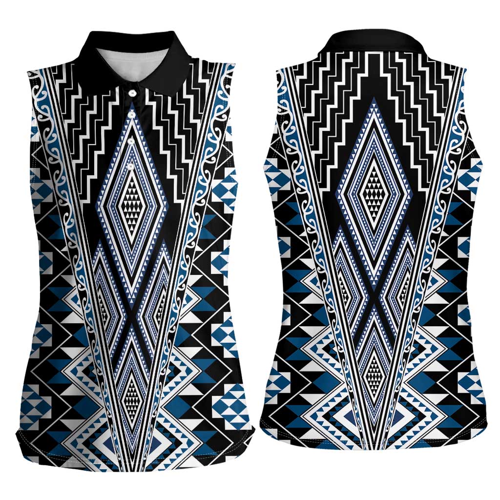 Blue Aotearoa Tukutuku and Poutama Motif Women Sleeveless Polo Shirt