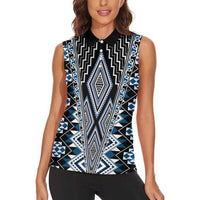 Blue Aotearoa Tukutuku and Poutama Motif Women Sleeveless Polo Shirt
