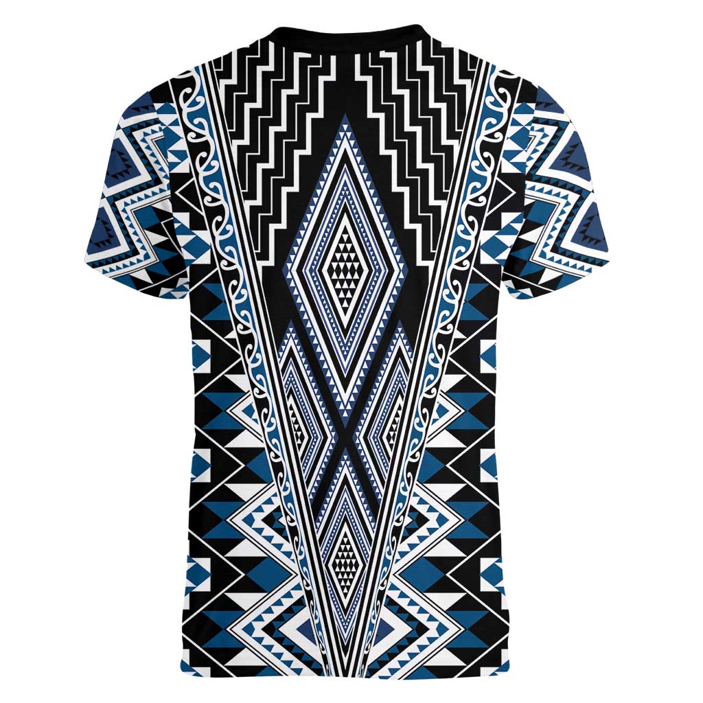 Blue Aotearoa Tukutuku and Poutama Motif Women V-Neck T-Shirt